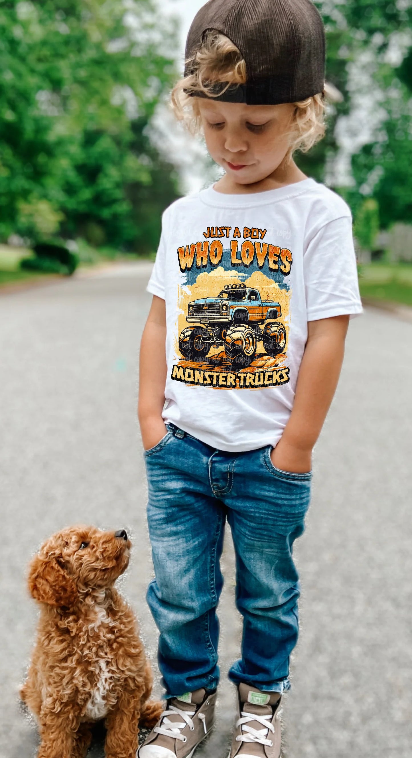 Boy who loves monster trucks